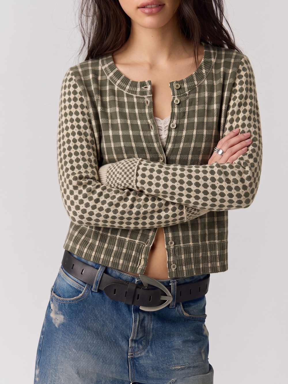 Free People Nocturnal Cashmere Cardi Cardigan Sweater Dark Academia Plaid XL